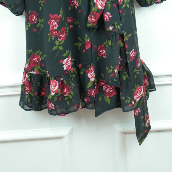 Nine West 8 Wrap Dress Dark Floral Rose Ruffle Sheer Whimsigoth Boho Feminine - Picture 4 of 7